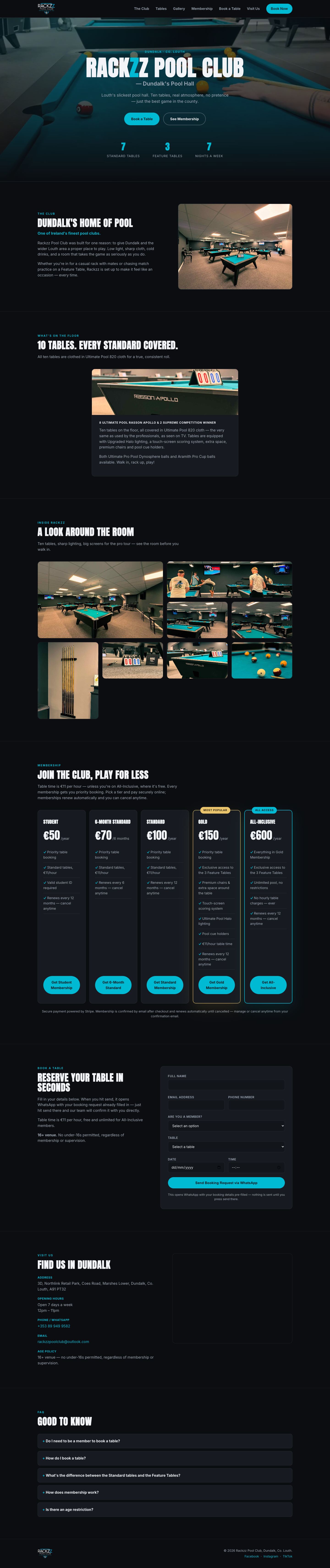 Rackzz Pool Club website, full page